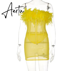 Slash Neck Spaghetti Straps Sexy Crop Tank Top Mini Dress With Feather Summer Women Solid Fashion Cute Robe Aiertu