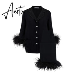 Sleepwear for Women New Cute Silk Cotton Light Luxury Ostrich Wool Pajamas Two-Piece Set Solid Color Home Suit Aiertu