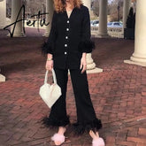 Sleepwear for Women New Cute Silk Cotton Light Luxury Ostrich Wool Pajamas Two-Piece Set Solid Color Home Suit Aiertu