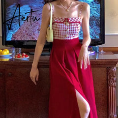 Sleeveless Dress Women Ulzzang Elegant Ladies Patchwork Tender Spaghetti Strap Vintage Streetwear Side-slit New Summer All-match Aiertu
