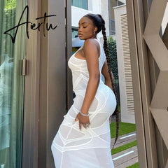 Sleeveless O-Neck Solid Patchwork Mesh Maxi Dress Autumn Winter Women Fashion Sexy Party Club Elegant Clthings Aiertu