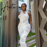 Sleeveless O-Neck Solid Patchwork Mesh Maxi Dress Autumn Winter Women Fashion Sexy Party Club Elegant Clthings Aiertu