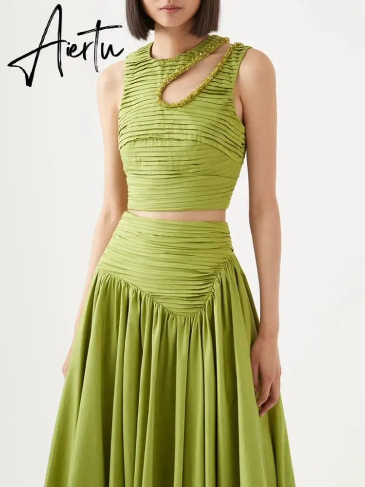 Slim Two Piece Sets For Women Round Neck Sleeveless Hollow Out Pleat Crop Tops Irregular Hem Pleated Skirt Solid Set Female Aiertu