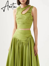 Slim Two Piece Sets For Women Round Neck Sleeveless Hollow Out Pleat Crop Tops Irregular Hem Pleated Skirt Solid Set Female Aiertu