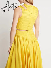 Slim Two Piece Sets For Women Round Neck Sleeveless Hollow Out Pleat Crop Tops Irregular Hem Pleated Skirt Solid Set Female Aiertu