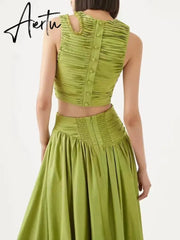 Slim Two Piece Sets For Women Round Neck Sleeveless Hollow Out Pleat Crop Tops Irregular Hem Pleated Skirt Solid Set Female Aiertu
