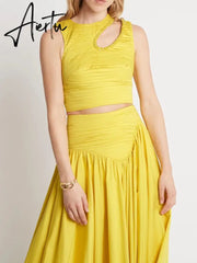 Slim Two Piece Sets For Women Round Neck Sleeveless Hollow Out Pleat Crop Tops Irregular Hem Pleated Skirt Solid Set Female Aiertu