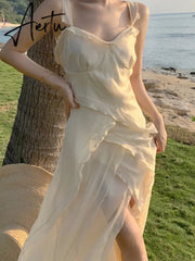 Sling Party Ruffle Holiday Dresses Women Spaghetti Strap Beach Long Dress Summer Slit Vintage Boho Vestido Aiertu