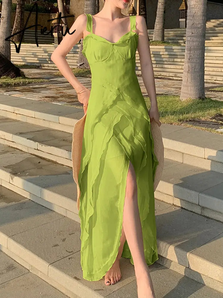 Sling Party Ruffle Holiday Dresses Women Spaghetti Strap Beach Long Dress Summer Slit Vintage Boho Vestido Aiertu