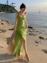 Sling Party Ruffle Holiday Dresses Women Spaghetti Strap Beach Long Dress Summer Slit Vintage Boho Vestido Aiertu