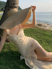 Sling Party Ruffle Holiday Dresses Women Spaghetti Strap Beach Long Dress Summer Slit Vintage Boho Vestido Aiertu