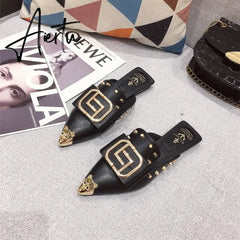 Slippers for Women Summer Mules Pointed Toe Slides Slip-on Luxury Shoes Backless Loafers Fashion Party Low Heel Girls Pumps Aiertu