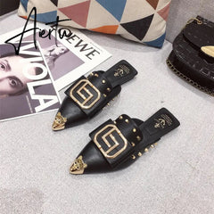 Slippers for Women Summer Mules Pointed Toe Slides Slip-on Luxury Shoes Backless Loafers Fashion Party Low Heel Girls Pumps Aiertu