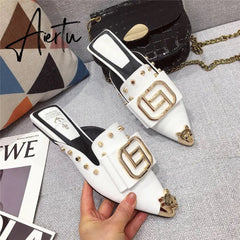 Slippers for Women Summer Mules Pointed Toe Slides Slip-on Luxury Shoes Backless Loafers Fashion Party Low Heel Girls Pumps Aiertu