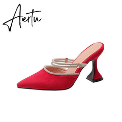 Slippers Sandals Women Women Rhinestone High Heels Pointed Slingback Party Red Pumps Bride Two Ways To Wear Big Size 43 Aiertu