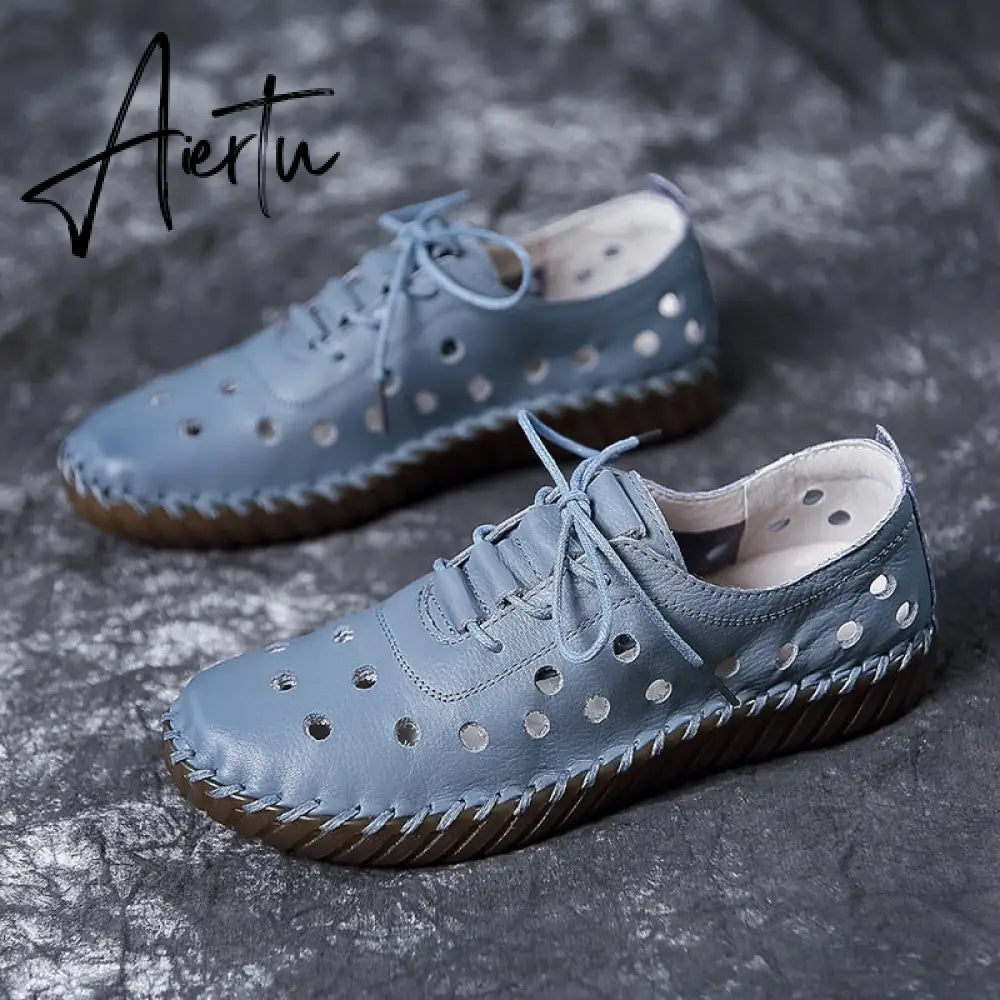 Soft Sole Hollow Single Shoes Women Vintage Leather Low Heels Casual Shoes Woman Outdoor Lace Up Non Slip Loafers Aiertu