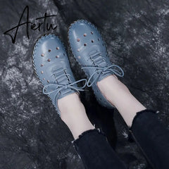 Soft Sole Hollow Single Shoes Women Vintage Leather Low Heels Casual Shoes Woman Outdoor Lace Up Non Slip Loafers Aiertu