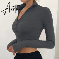 Solid color casual T-shirt women long sleeves turtleneck crop tops sexy simple style party club spring summer new Aiertu