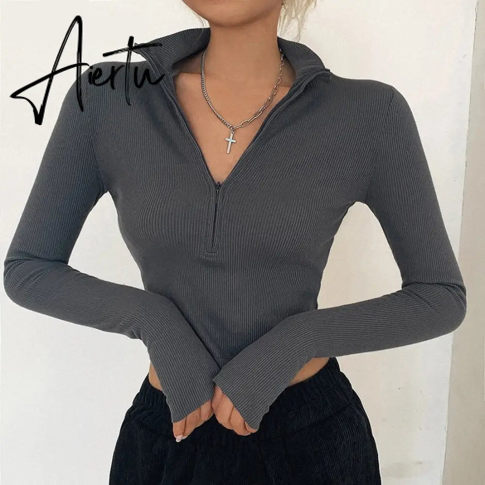 Solid color casual T-shirt women long sleeves turtleneck crop tops sexy simple style party club spring summer new Aiertu