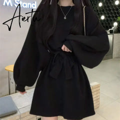 Solid Dresses Women Above Knee S-3XL Clothes Baggy Minimalist High Street Autumn French Girlish Teens Fashion Personal Sweet Ins Aiertu