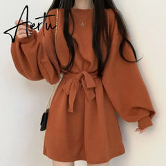 Solid Dresses Women Above Knee S-3XL Clothes Baggy Minimalist High Street Autumn French Girlish Teens Fashion Personal Sweet Ins Aiertu