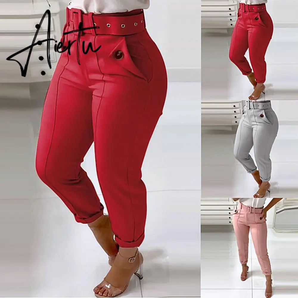 Solid High Waist Pencil Women's Pants Spring New Harajuku Pant For Women Fashion Feamle Trousers With Belt Pocket Design Aiertu