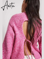 Solid Knit O-neck Back Cut Out Women Sweaters Oversized Lace-up Long Sleeve Crop Top Knitwear Autumn Chic Sexy Highstreet Cloth Aiertu