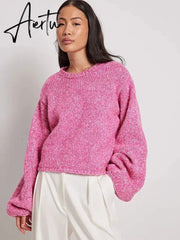 Solid Knit O-neck Back Cut Out Women Sweaters Oversized Lace-up Long Sleeve Crop Top Knitwear Autumn Chic Sexy Highstreet Cloth Aiertu
