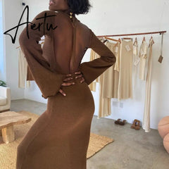 Solid knitted open back flared long sleeve maxi dress elegant sexy clothes for women fall resort wear Aiertu
