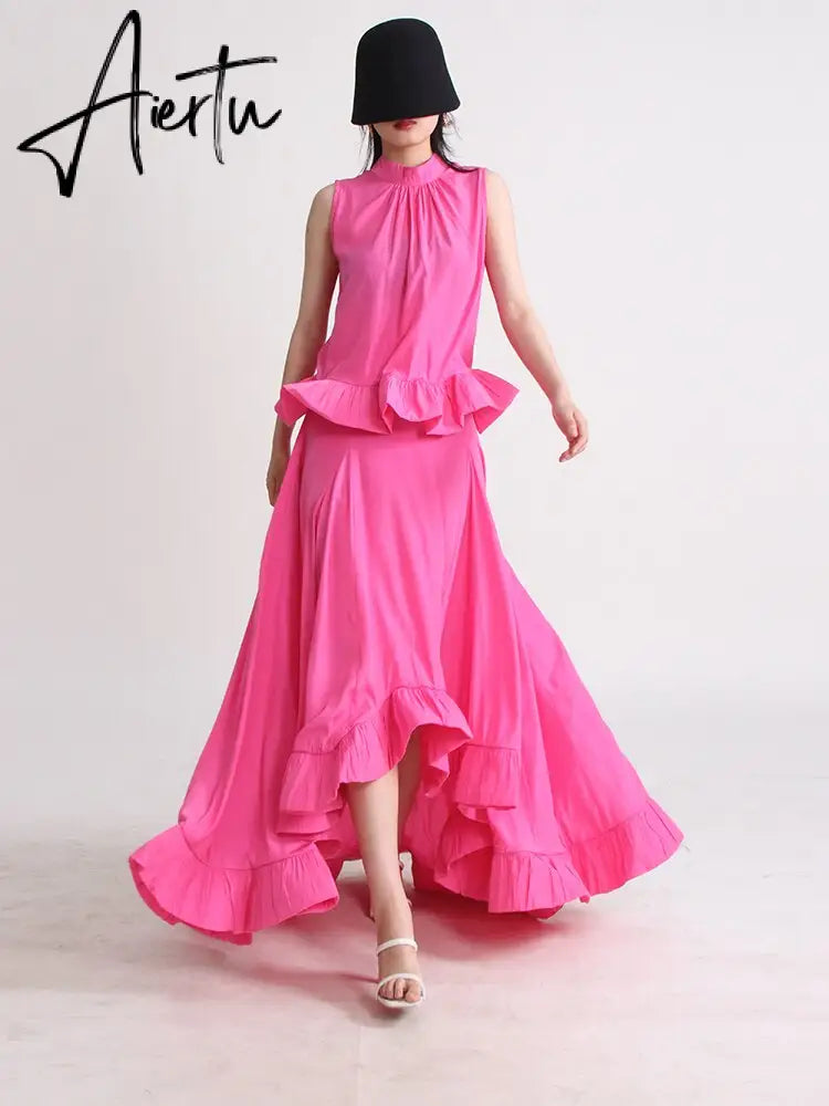 Solid Two Piece Sets For Women Stand Collar Sleeveless Tops High Waist A Line Skirts Summer Set Female Fashion New Aiertu