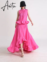 Solid Two Piece Sets For Women Stand Collar Sleeveless Tops High Waist A Line Skirts Summer Set Female Fashion New Aiertu
