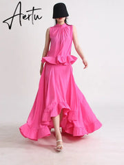 Solid Two Piece Sets For Women Stand Collar Sleeveless Tops High Waist A Line Skirts Summer Set Female Fashion New Aiertu