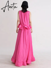 Solid Two Piece Sets For Women Stand Collar Sleeveless Tops High Waist A Line Skirts Summer Set Female Fashion New Aiertu