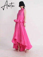 Solid Two Piece Sets For Women Stand Collar Sleeveless Tops High Waist A Line Skirts Summer Set Female Fashion New Aiertu