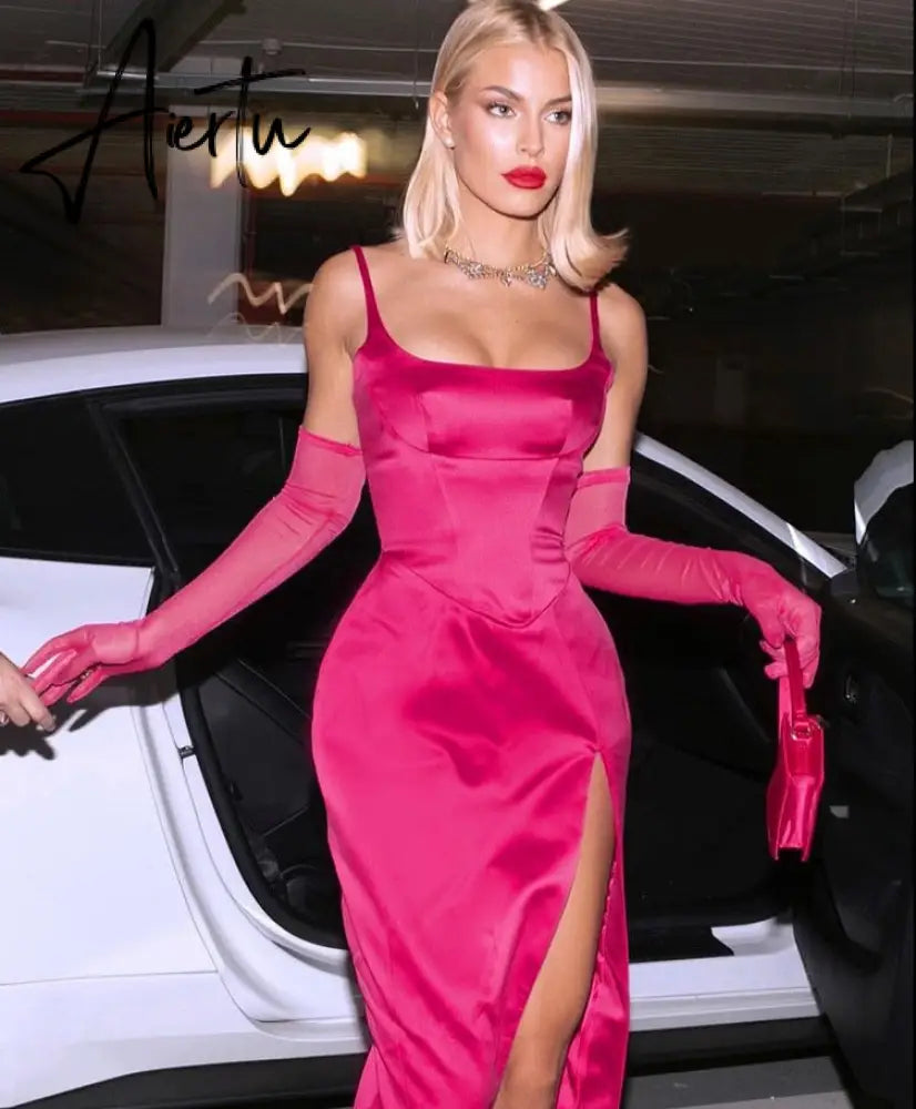 Solid With Integrated Corset And Gloves Satin Slip Sexy Maxi Dress Fall Slim Party Club Elegant Streetwear Outfit Aiertu