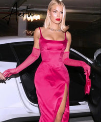 Solid With Integrated Corset And Gloves Satin Slip Sexy Maxi Dress Fall Slim Party Club Elegant Streetwear Outfit Aiertu