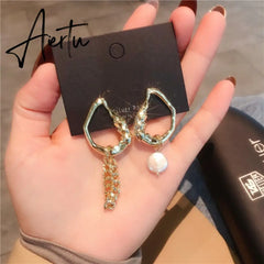 South Korea Fashion Baroque Freshwater Pearl Drop Earrings Asymmetry Versatile Chain Earrings Elegant Jewelry For Women Aiertu