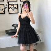 Spaghetti Strap Dress Black Sweet Princess High Waist A-line Sexy Mini Dress Puffy Vintage Mesh Dress Sundress Women Clothing Aiertu