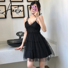 Spaghetti Strap Dress Black Sweet Princess High Waist A-line Sexy Mini Dress Puffy Vintage Mesh Dress Sundress Women Clothing Aiertu