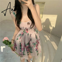 Spaghetti Strap Dress Summer Blooming Floral Print Ruffles Mini Slip Dress Women Chic Lady Sleeveless Beach Dress Sundress Aiertu