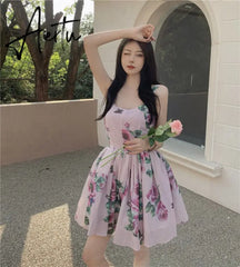 Spaghetti Strap Dress Summer Blooming Floral Print Ruffles Mini Slip Dress Women Chic Lady Sleeveless Beach Dress Sundress Aiertu