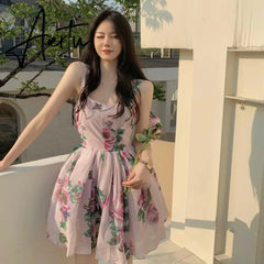 Spaghetti Strap Dress Summer Blooming Floral Print Ruffles Mini Slip Dress Women Chic Lady Sleeveless Beach Dress Sundress Aiertu