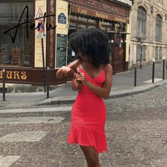 Spaghetti Straps Ruffles Mini Dress Club Party Elegant Sleeveless Slip Women's Summer Sundress Outfits Holiday Aiertu