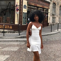 Spaghetti Straps Ruffles Mini Dress Club Party Elegant Sleeveless Slip Women's Summer Sundress Outfits Holiday Aiertu