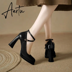 Spring and Autumn Fashion New Buckle Comfortable Solid Color Square Toe Sexy Banquet Women's High Heels Zapatos Aiertu