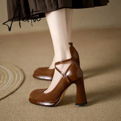 Spring and Autumn Fashion New Buckle Comfortable Solid Color Square Toe Sexy Banquet Women's High Heels Zapatos Aiertu