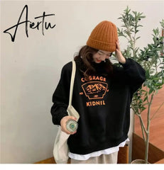 spring and autumn new splicing Pullover fashion Korean thick and thin women's Sweatshirt Navy Gray Black Pink women's Hoodi Aiertu