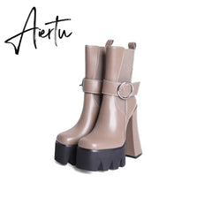 Spring and Autumn New Thick Heel Waterproof Platform Square Toe Short Boots Green Fashion Women's Boots Genuine Leather Aiertu