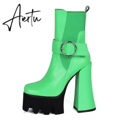 Spring and Autumn New Thick Heel Waterproof Platform Square Toe Short Boots Green Fashion Women's Boots Genuine Leather Aiertu