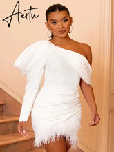 Spring And Summer Feather Dress Single Shoulder Oblique Collar Irregular Solid Color Dress Wrinkle Sexy Leisure Time White Dress Aiertu